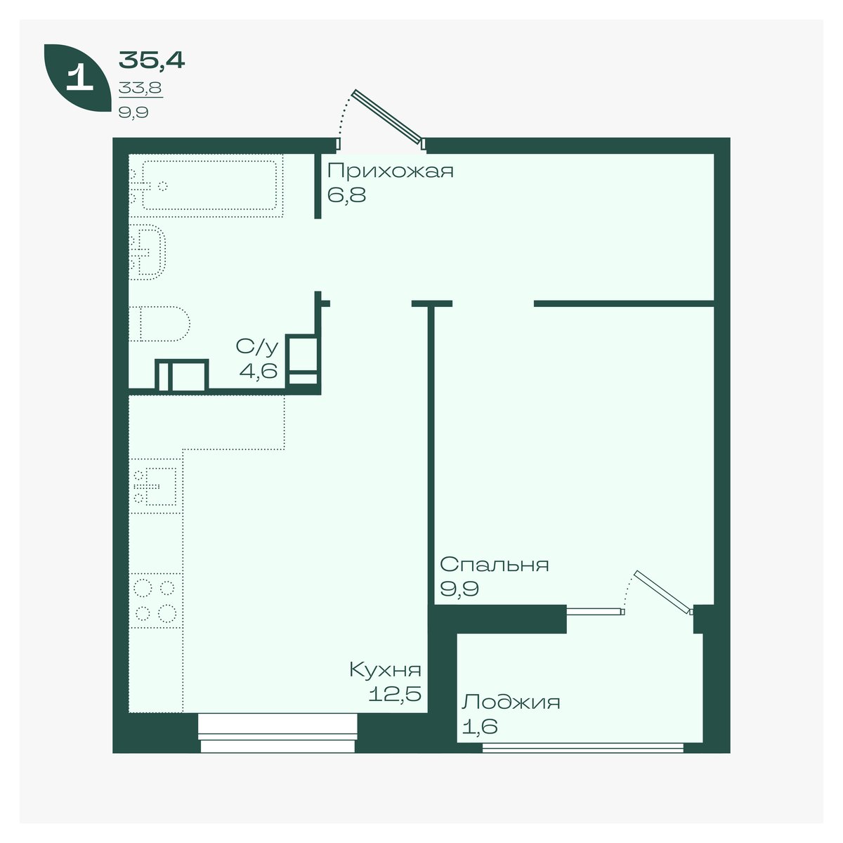 Планировка: 1-комн. квартира 35,4 м²