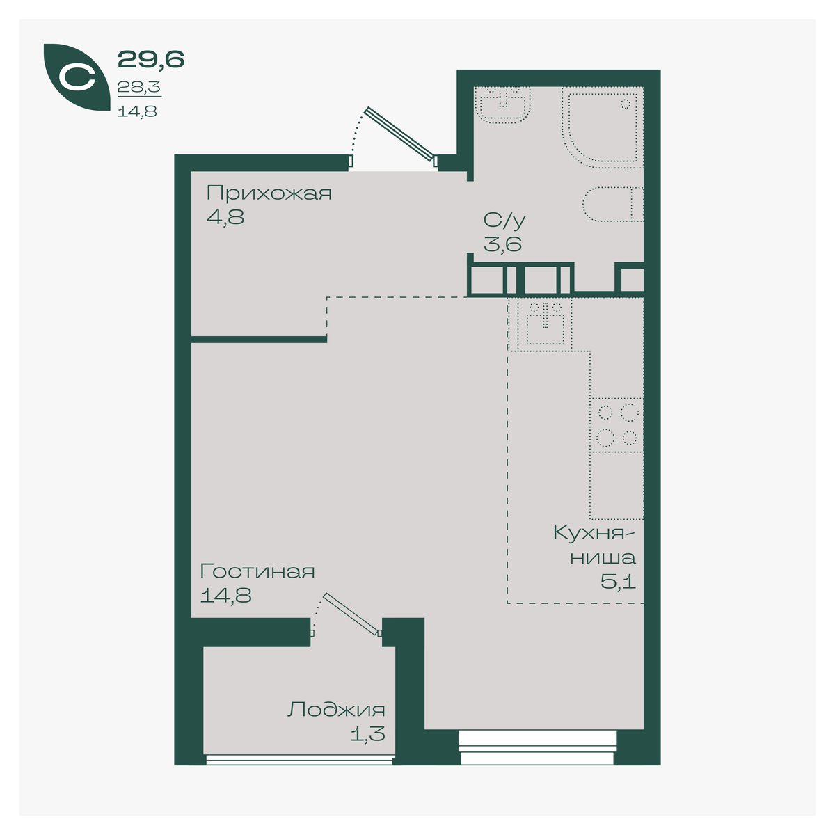 Планировка: Студия 29,6 м²