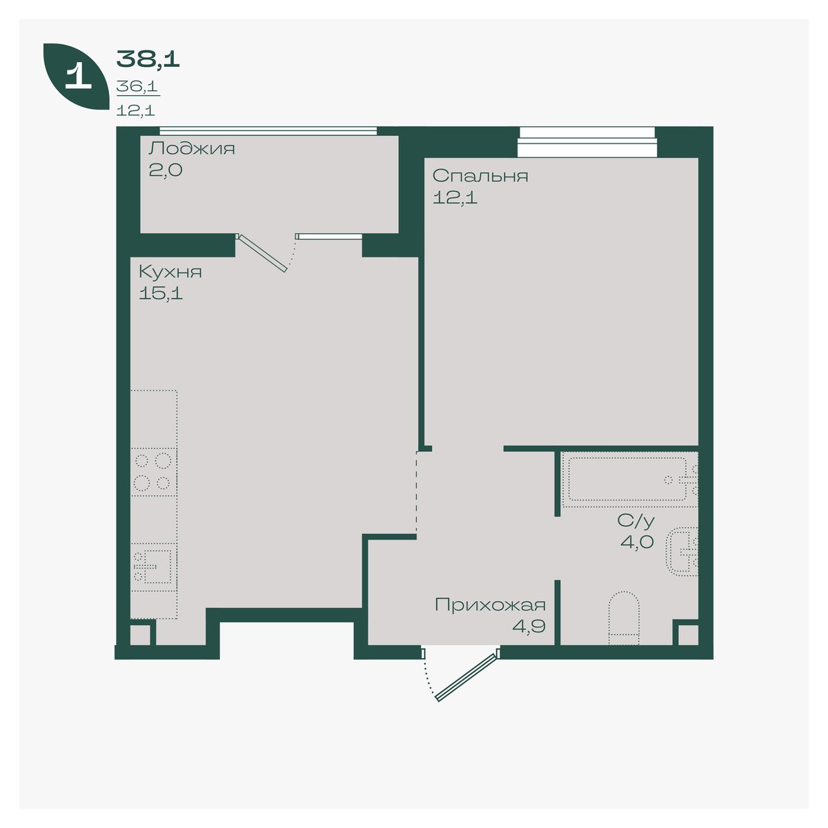Планировка 1-комнатная 38,1 м²