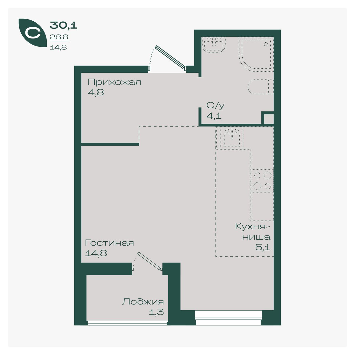 Планировка Студия 30,1 м²