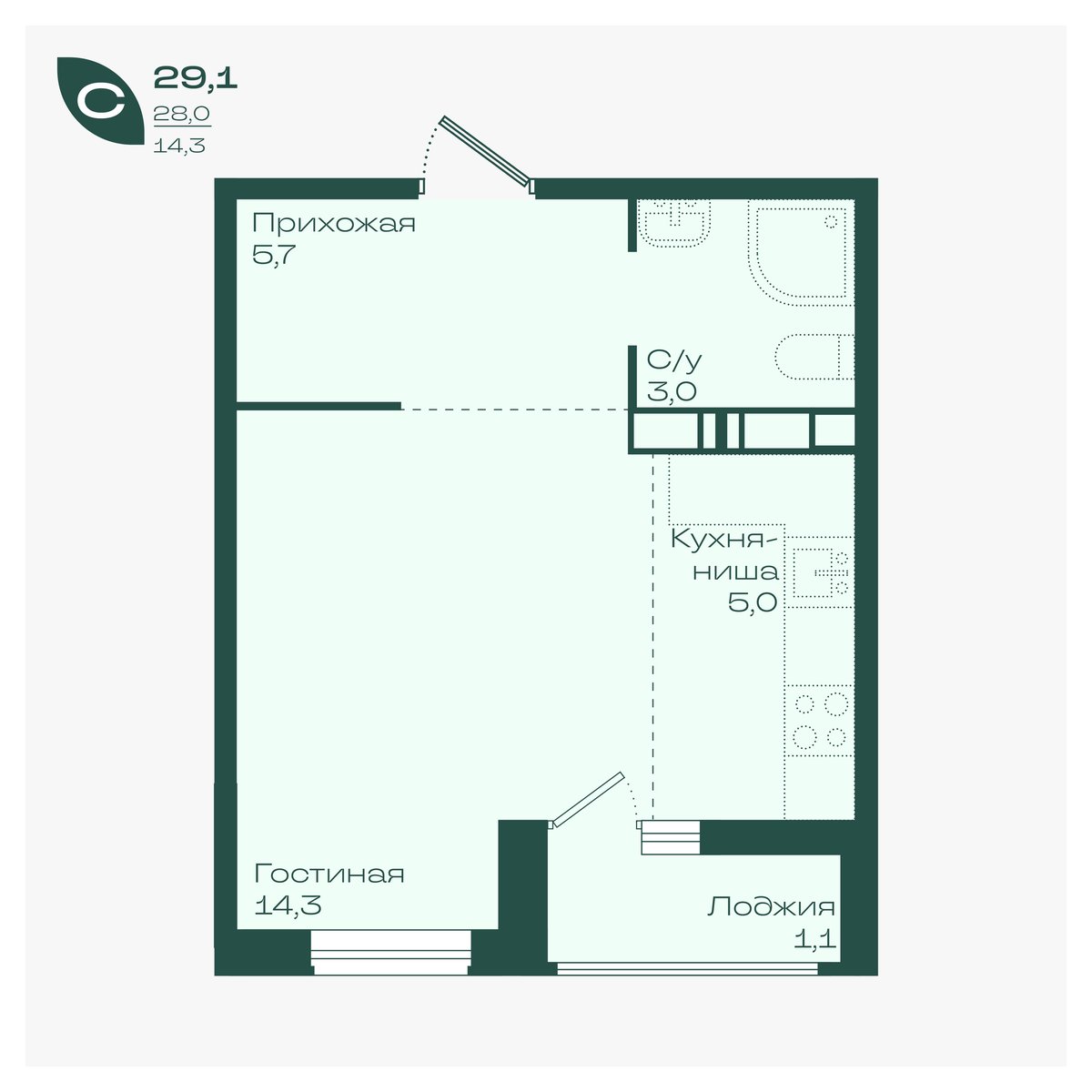 Планировка: Студия 29,1 м²
