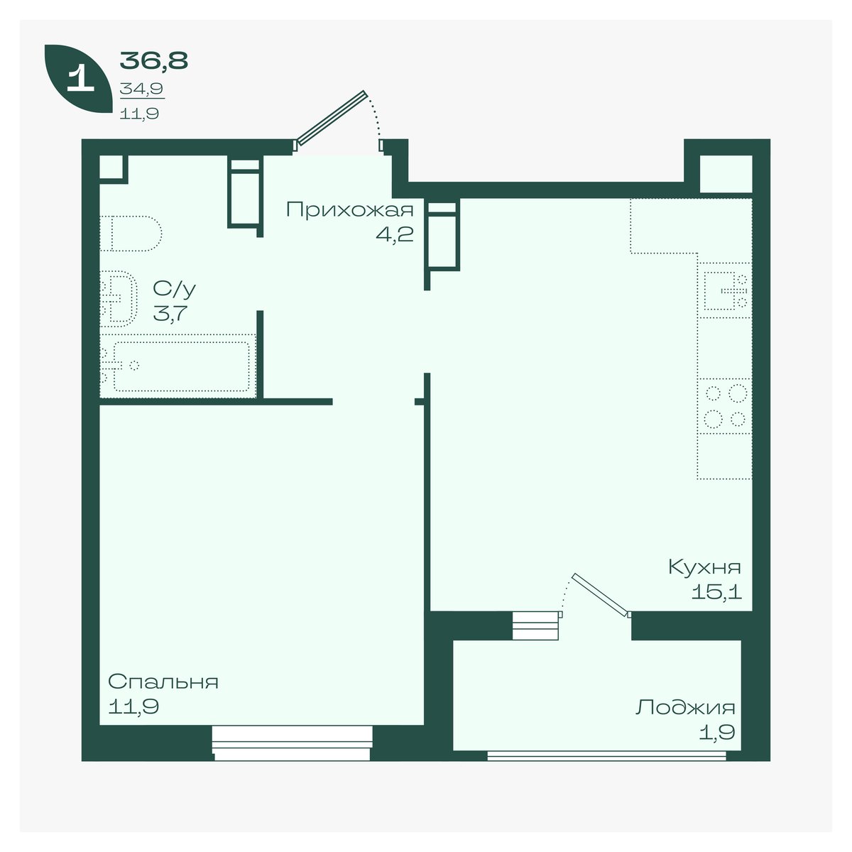Планировка: 1-комн. квартира 36,8 м²