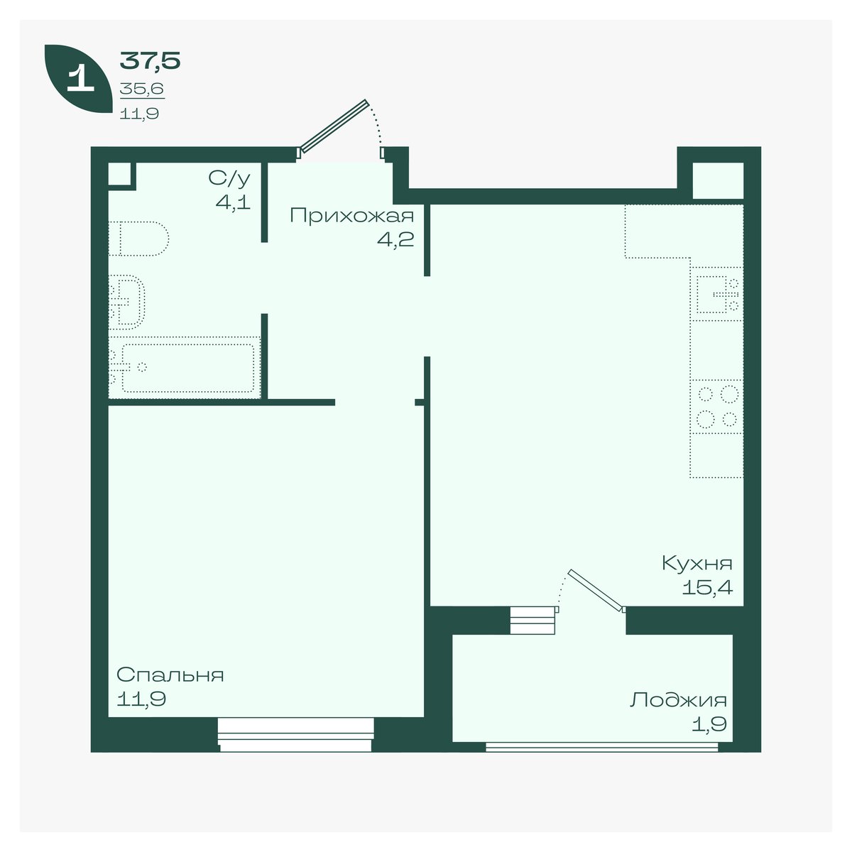 Планировка: 1-комн. квартира 37,5 м²