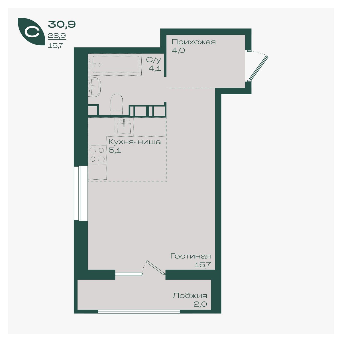 Планировка: Студия 30,9 м²
