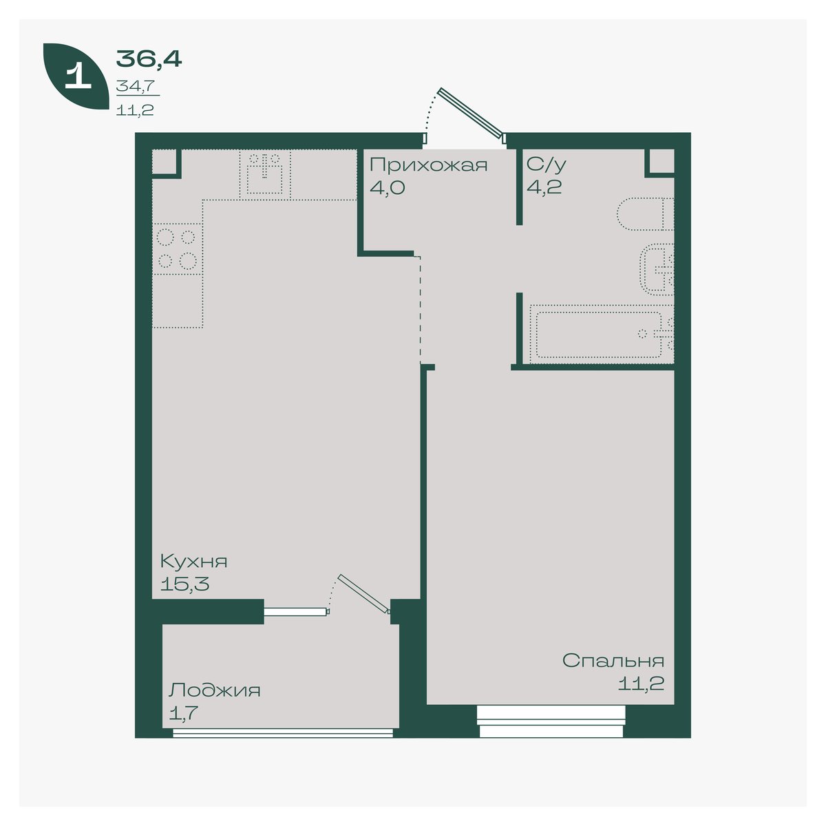 Планировка: 1-комн. квартира 36,4 м²
