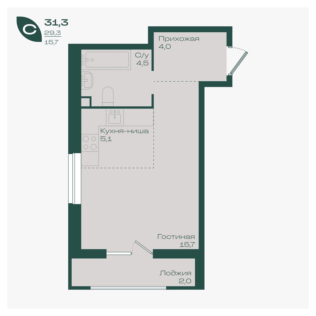 Планировка Студия 31,3 м²