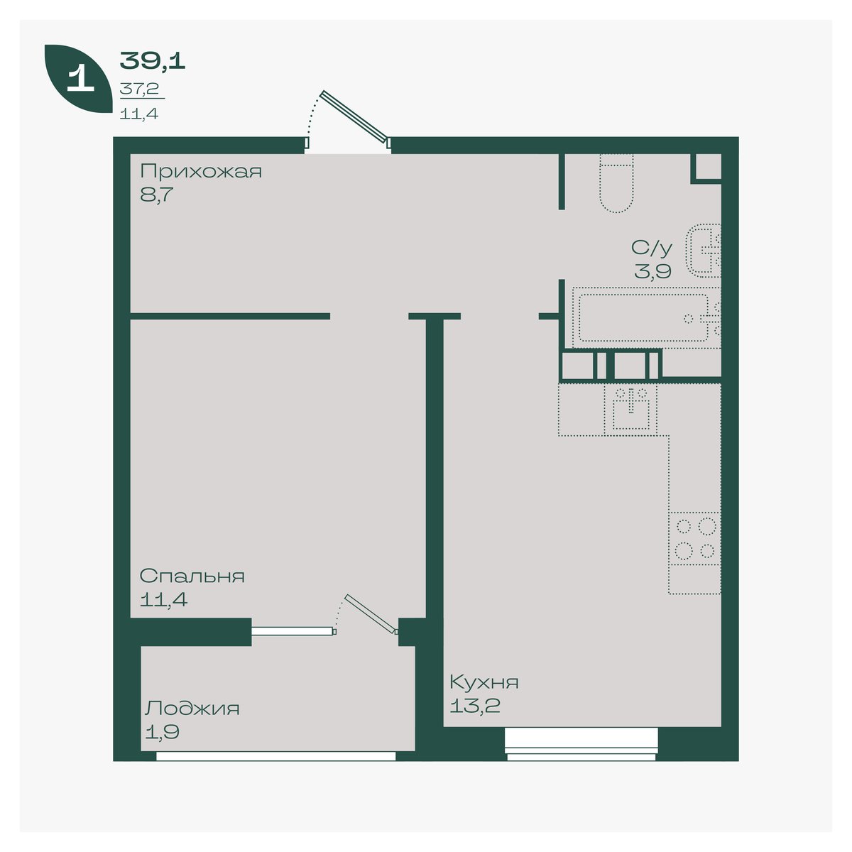 Планировка: 1-комн. квартира 39,1 м²