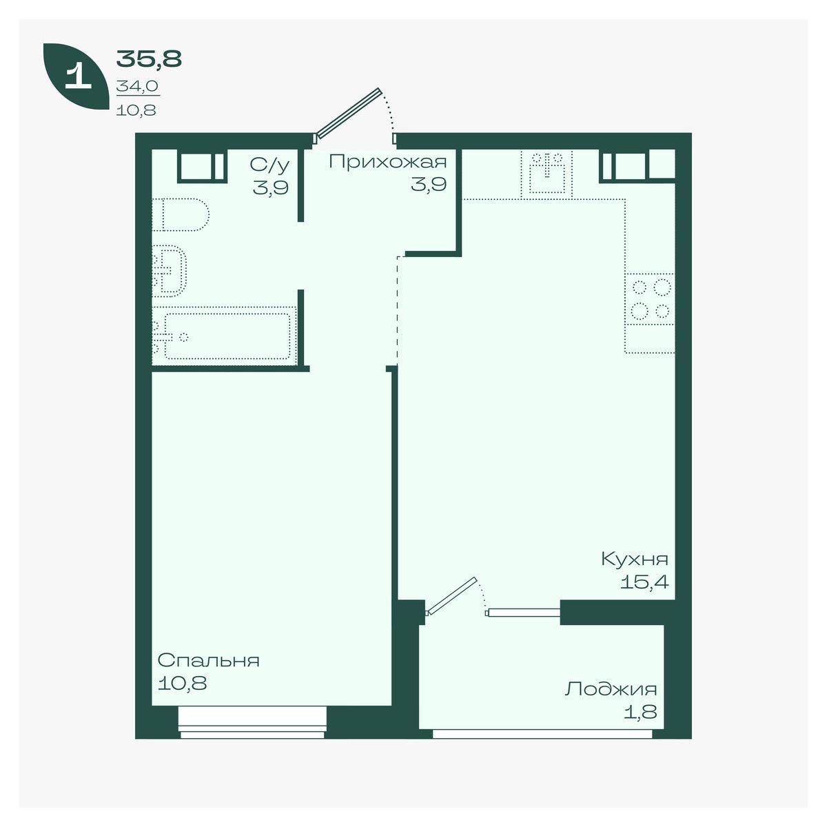 Планировка: 1-комн. квартира 35,8 м²