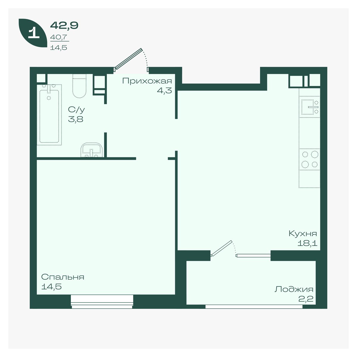 Планировка: 1-комн. квартира 42,9 м²