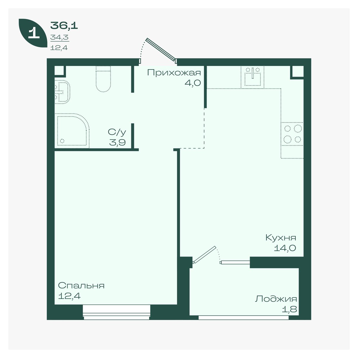 Планировка 1-комнатная 36,1 м²