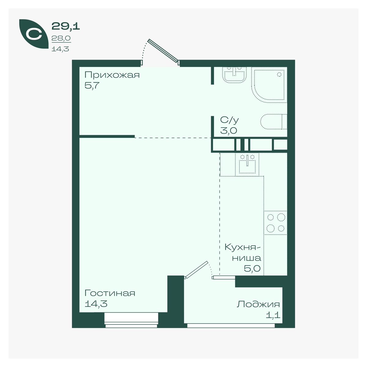 Планировка Студия 29,1 м²