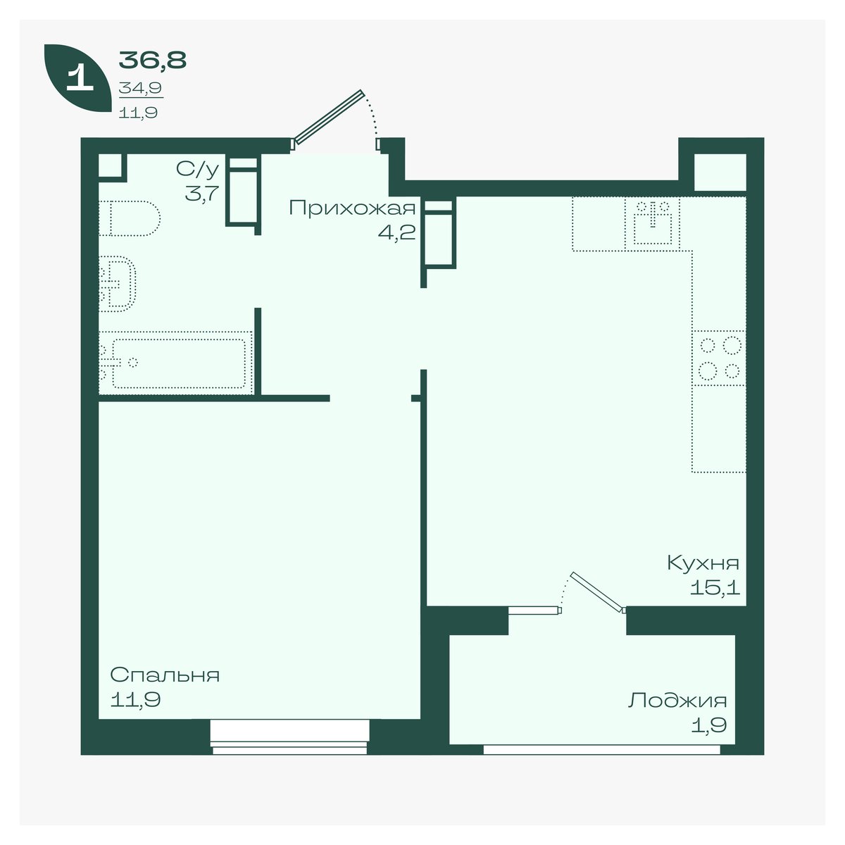 Планировка 1-комнатная 36,8 м²