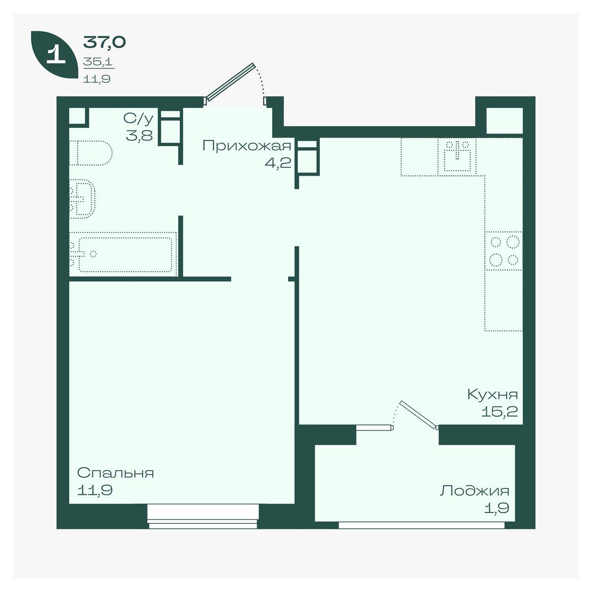 Планировка 1-комнатная 37 м²