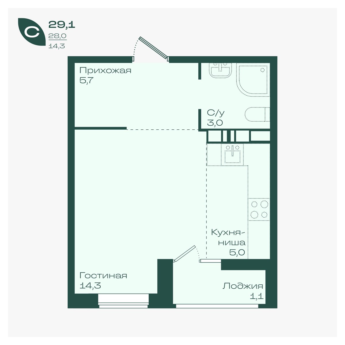 Планировка: Студия 29,1 м²