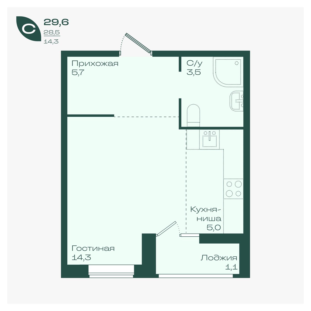 Планировка: Студия 29,6 м²