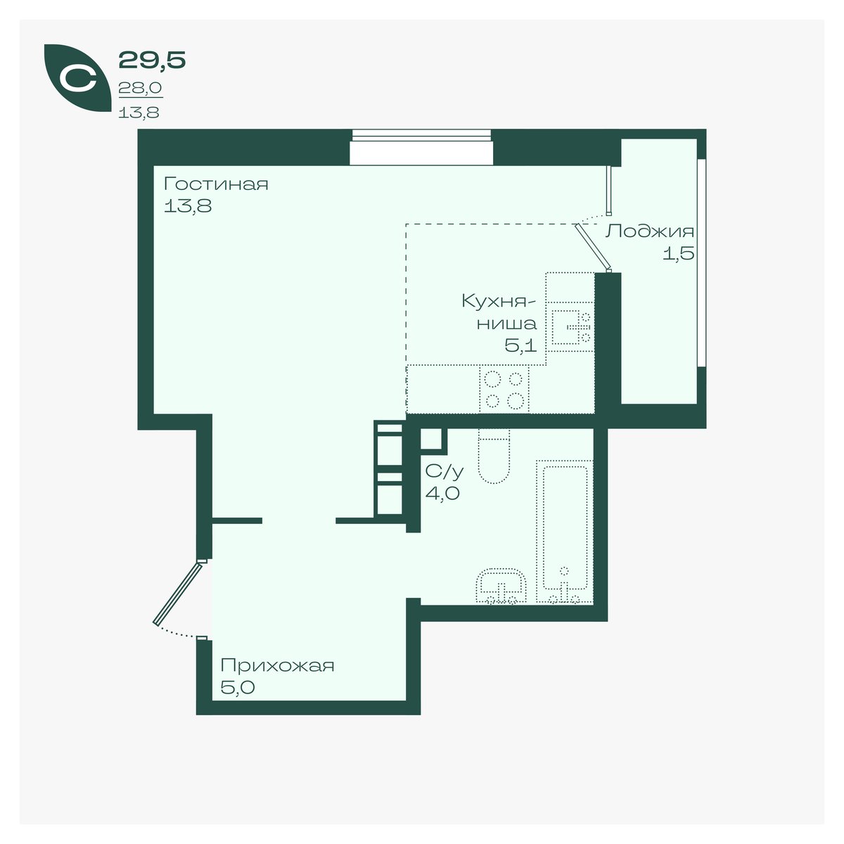 Планировка: Студия 29,5 м²