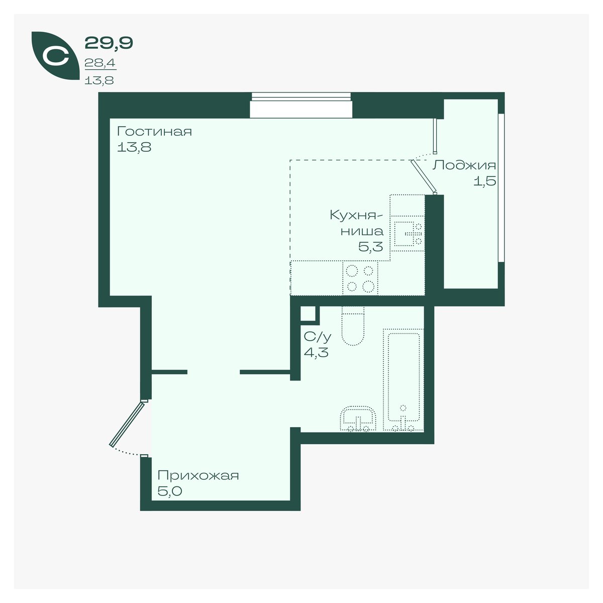 Планировка: Студия 29,9 м²
