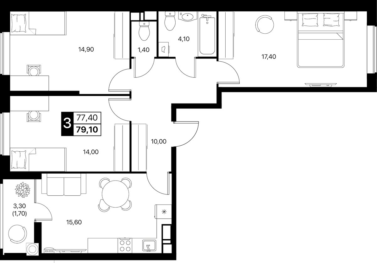 Планировка 3-комнатная 79,1 м²
