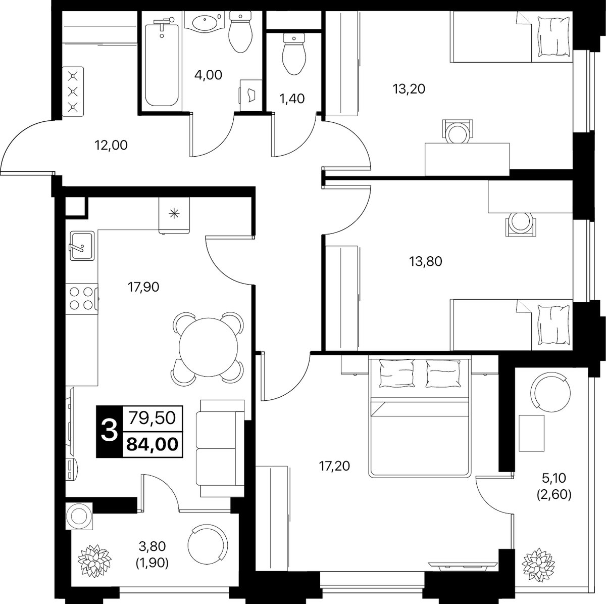 Планировка 3-комнатная 84 м²