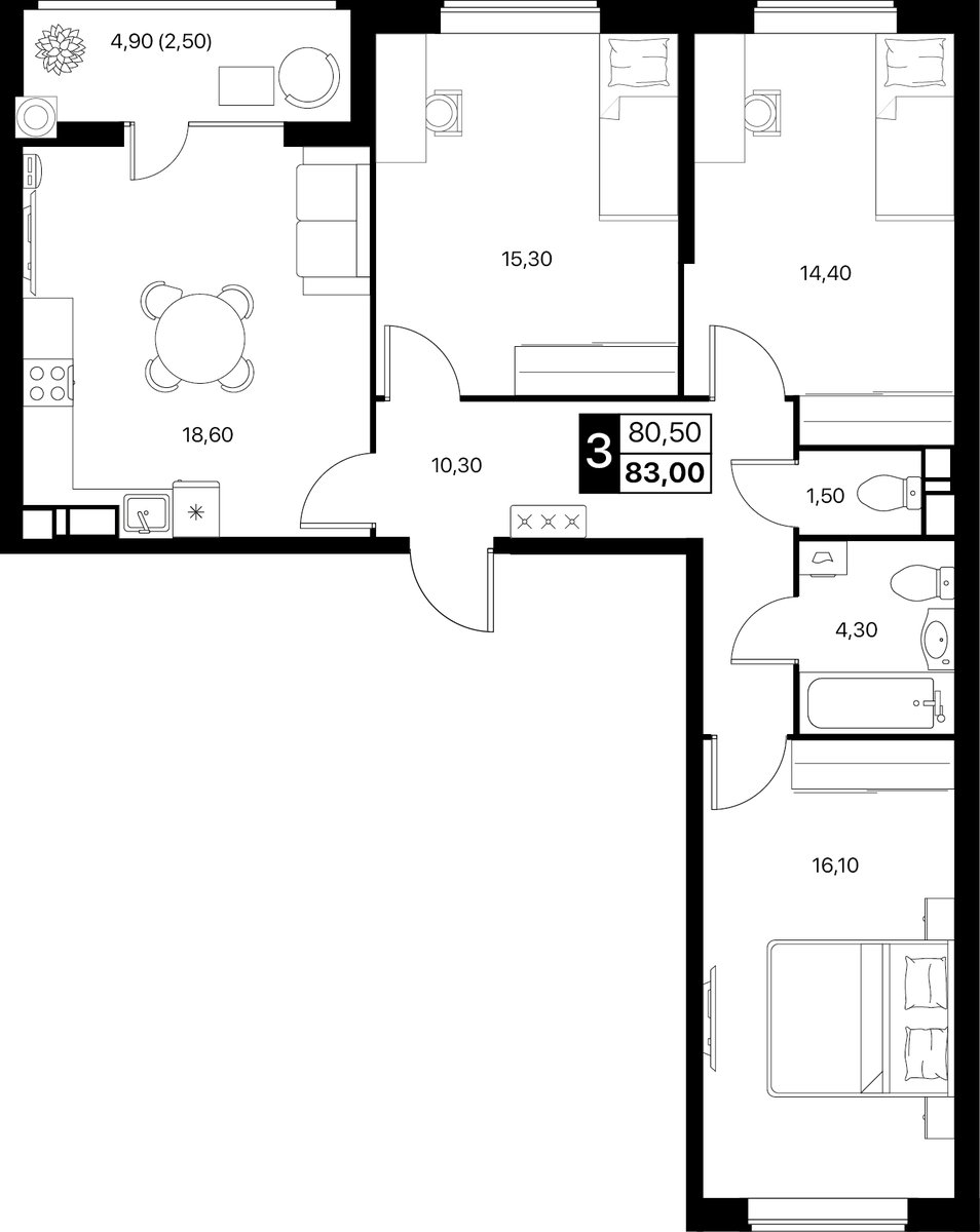 Планировка 3-комнатная 83 м²