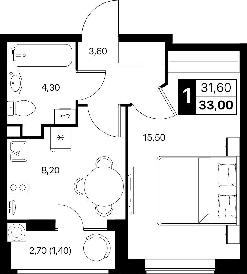 Планировка 1-комнатная 33 м²