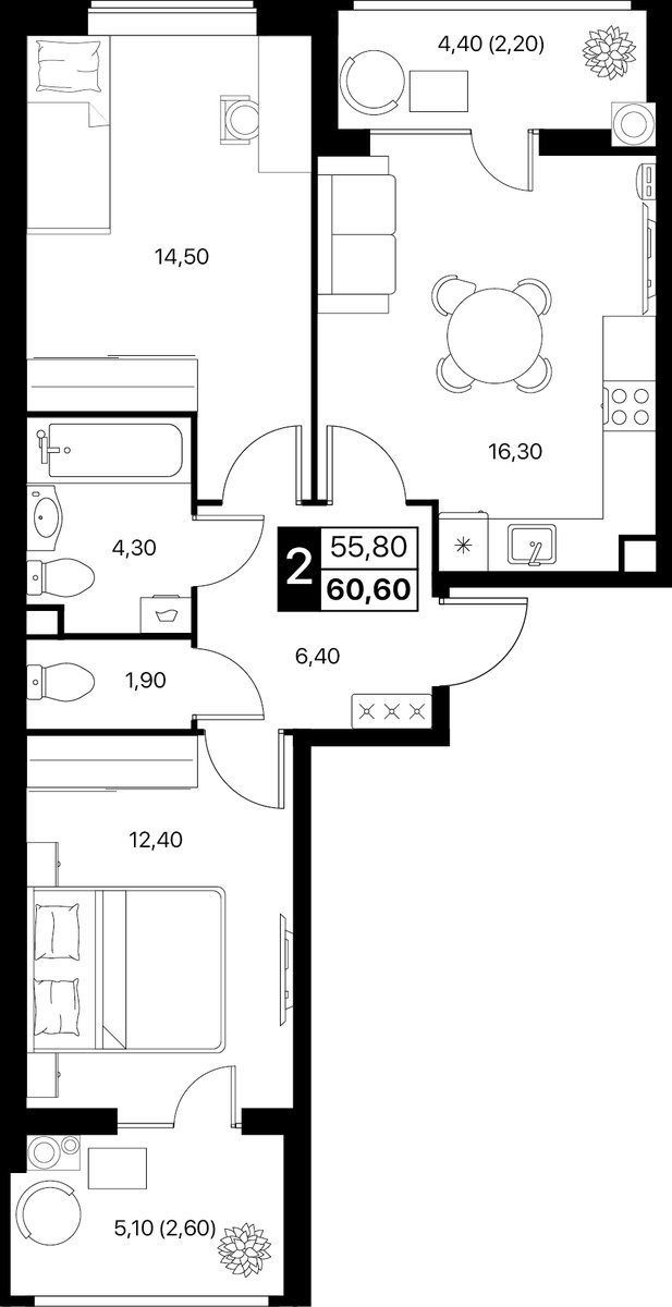 Планировка 2-комнатная 60,6 м²