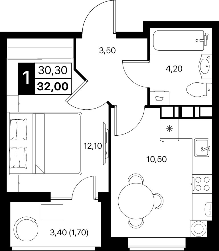 Планировка 1-комнатная 32 м²