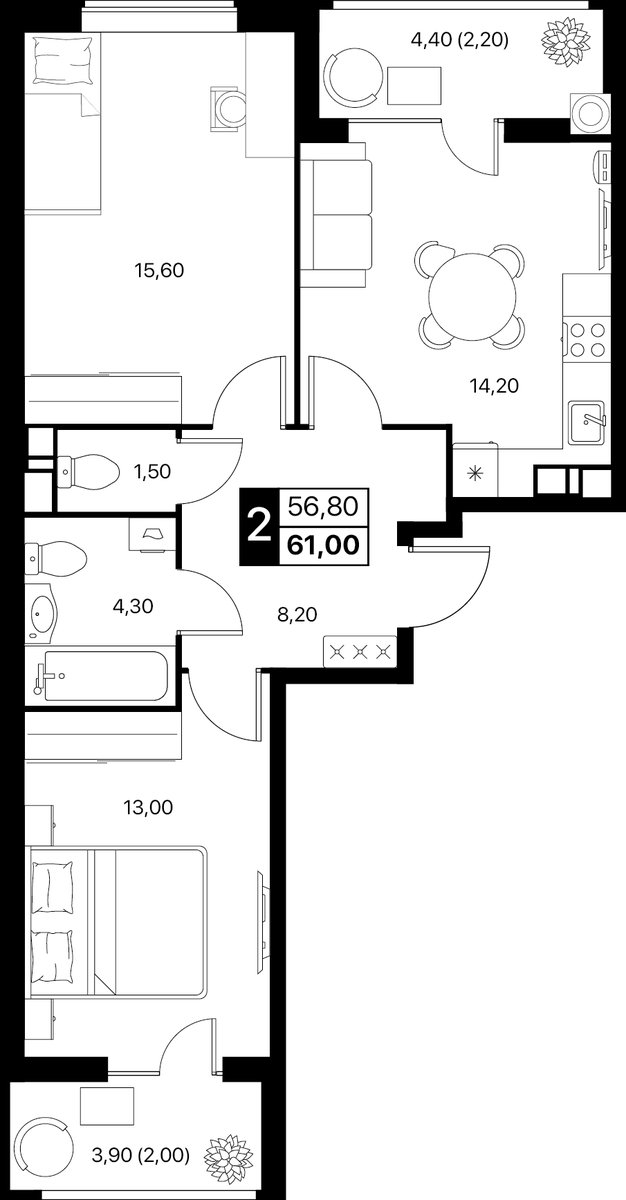 Планировка 2-комнатная 61 м²