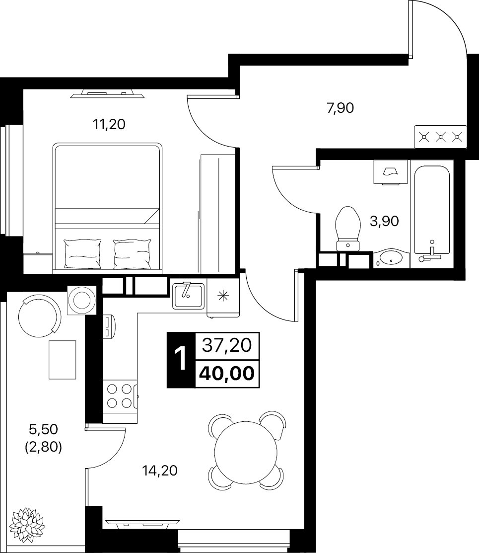 Планировка 1-комнатная 40 м²