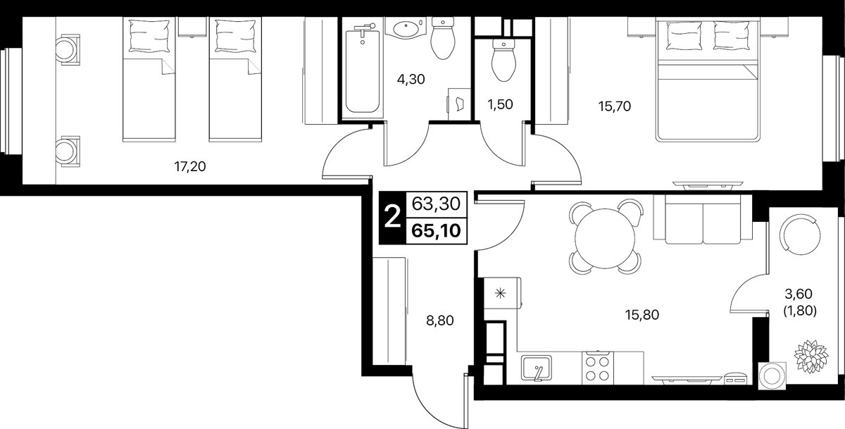 Планировка 2-комнатная 65,1 м²