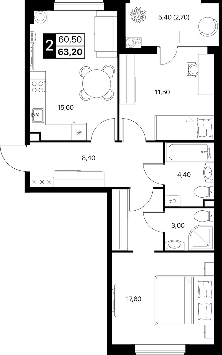 Планировка 2-комнатная 63,2 м²