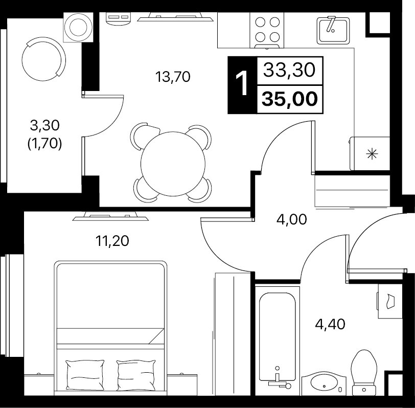Планировка 1-комнатная 35 м²