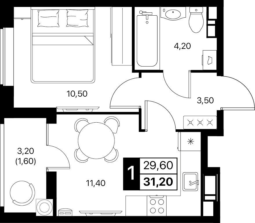 Планировка 1-комнатная 31,2 м²