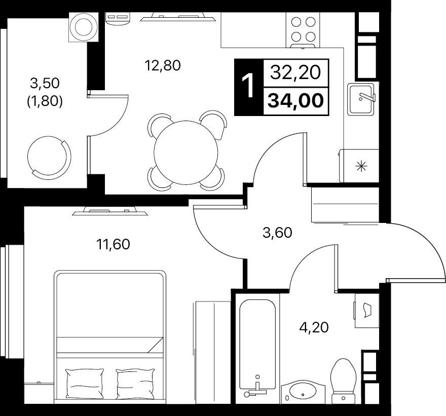 Планировка 1-комнатная 34 м²