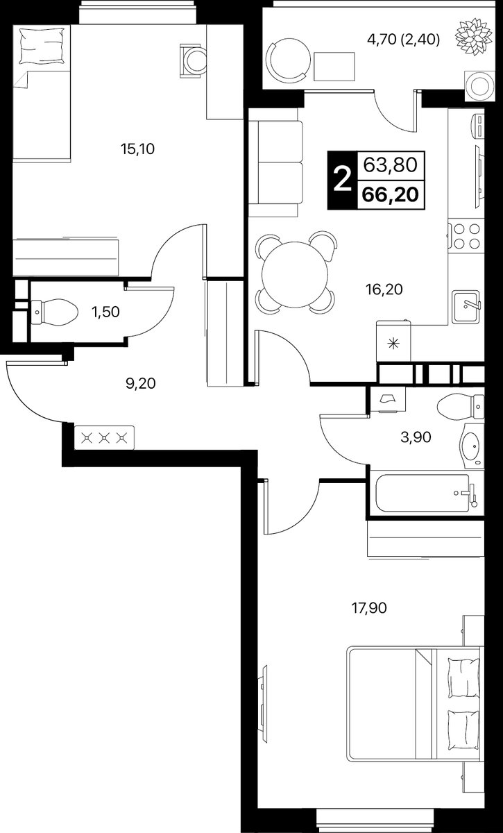 Планировка 2-комнатная 66,2 м²