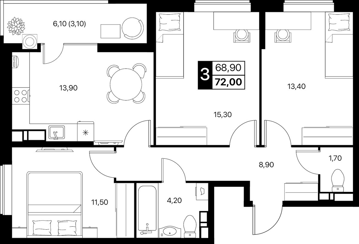 Планировка 3-комнатная 72 м²
