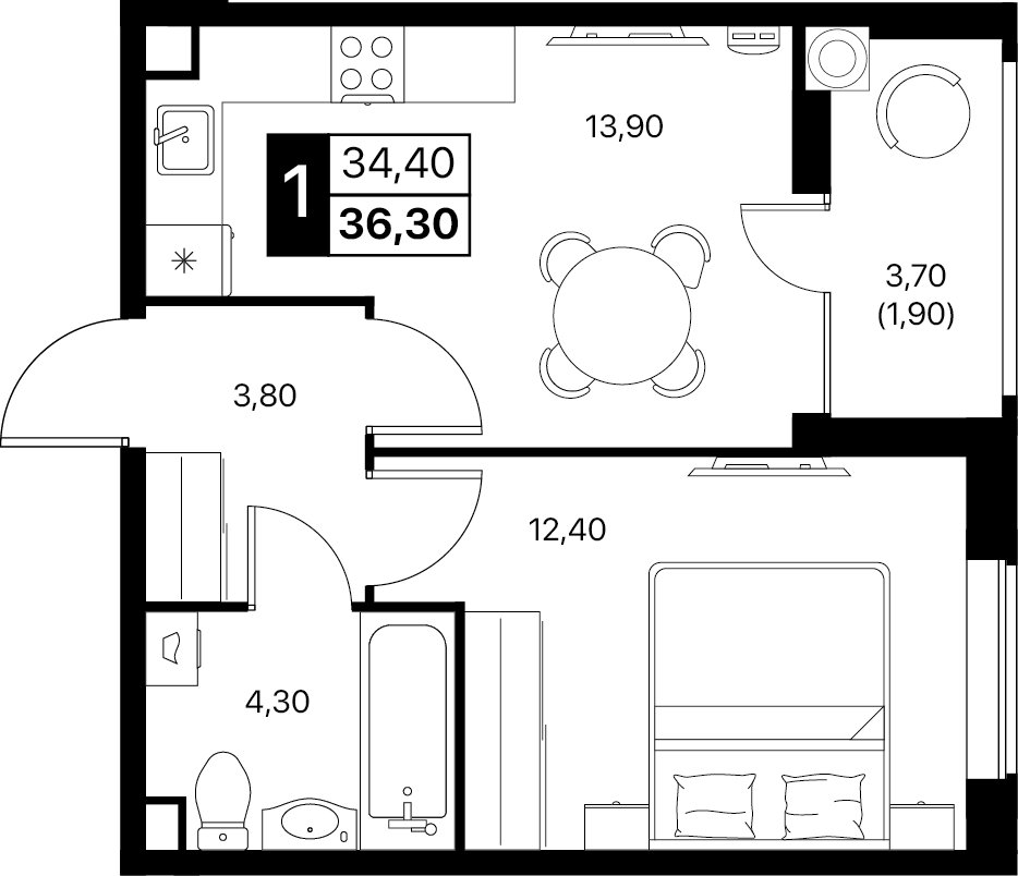 Планировка 1-комнатная 36,3 м²