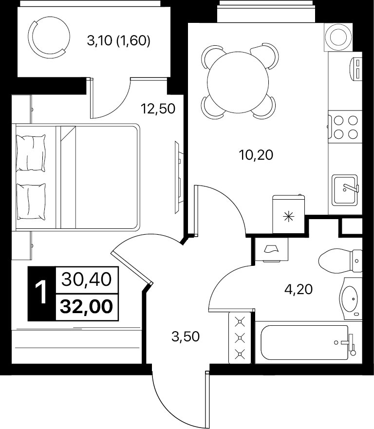 Планировка 1-комнатная 32 м²