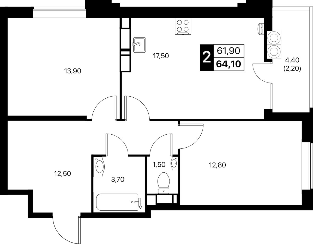 Планировка 2-комнатная 64,1 м²
