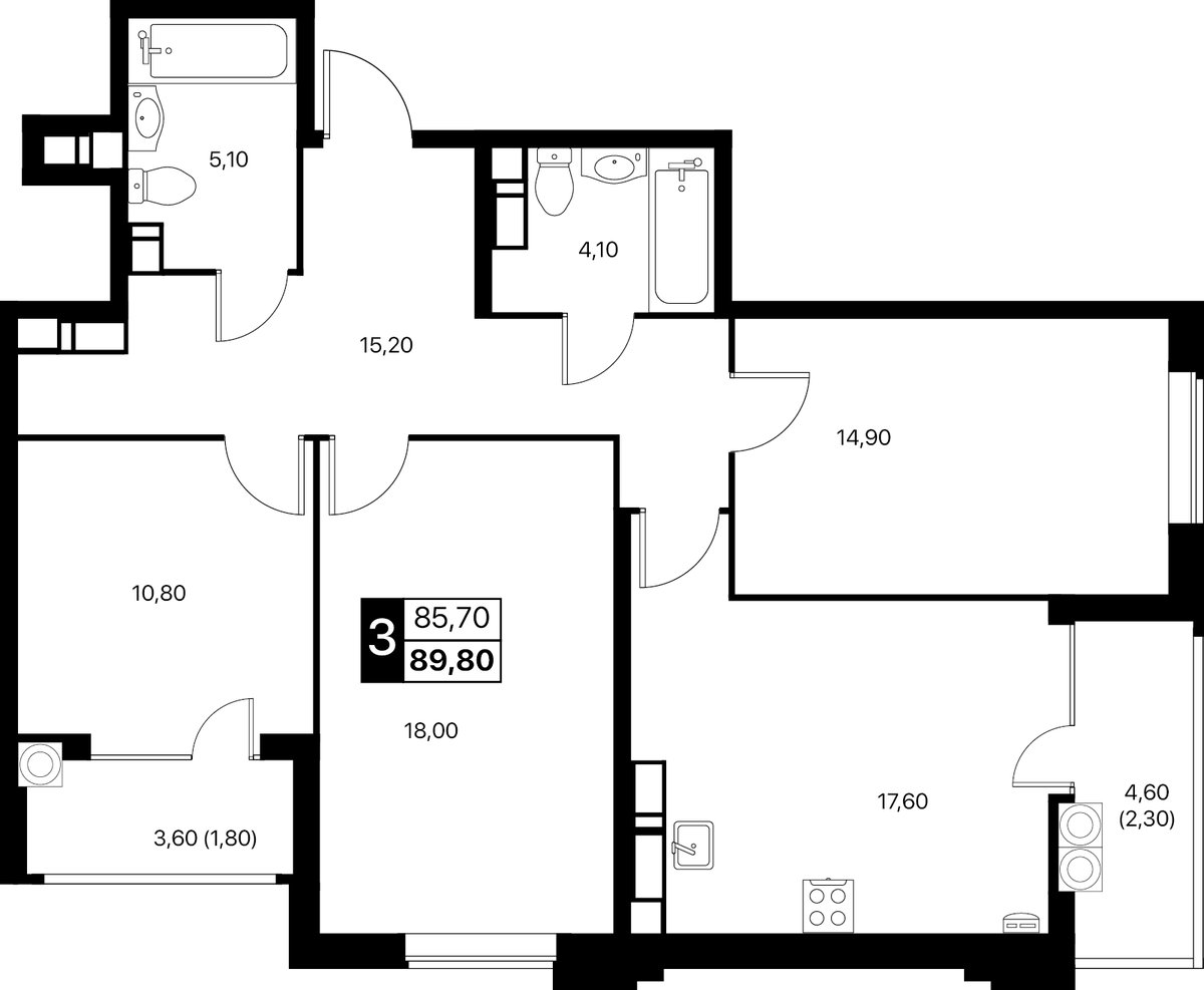 Планировка 3-комнатная 89,8 м²