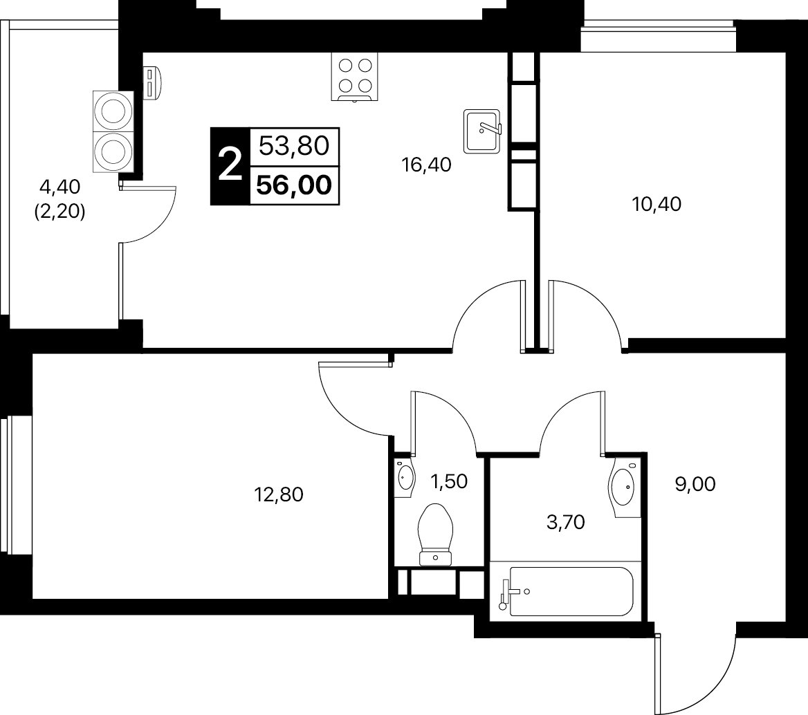 Планировка 2-комнатная 56 м²