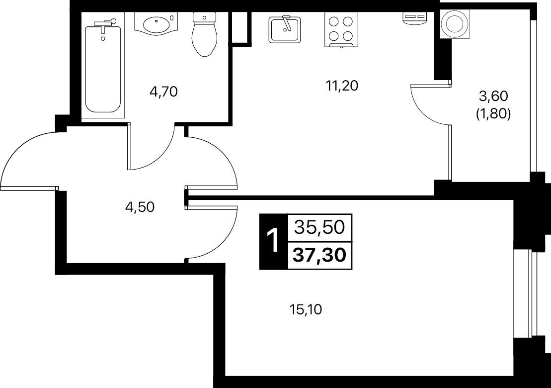 Планировка 1-комнатная 37,3 м²
