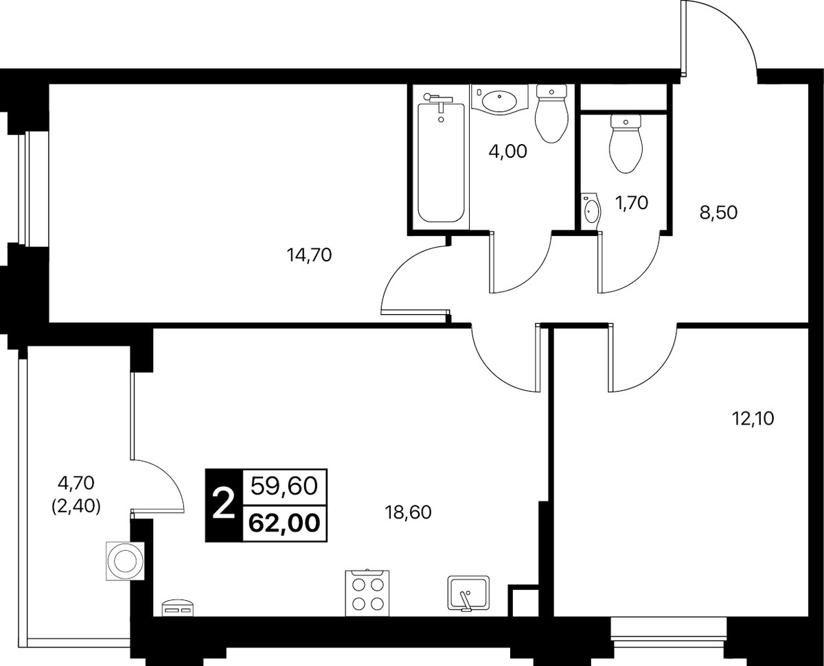 Планировка 2-комнатная 62 м²