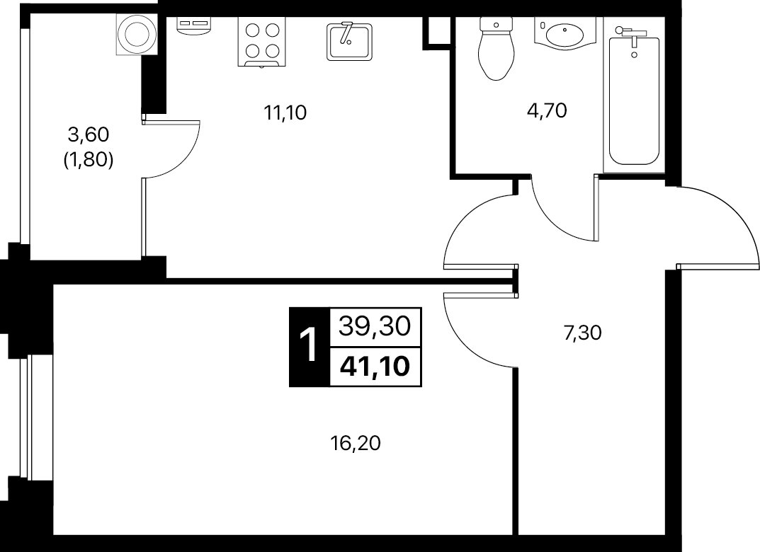 Планировка 1-комнатная 41,1 м²