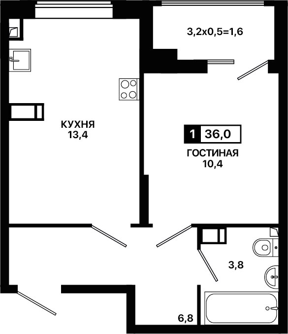 Планировка: 1-комн. квартира 36 м²