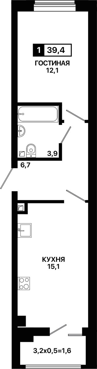 Планировка: 1-комн. квартира 39,4 м²