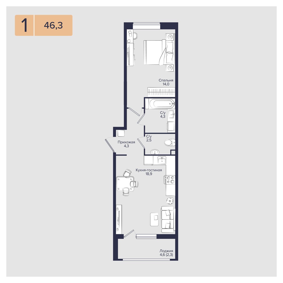 Планировка 1-комнатная 46,3 м²