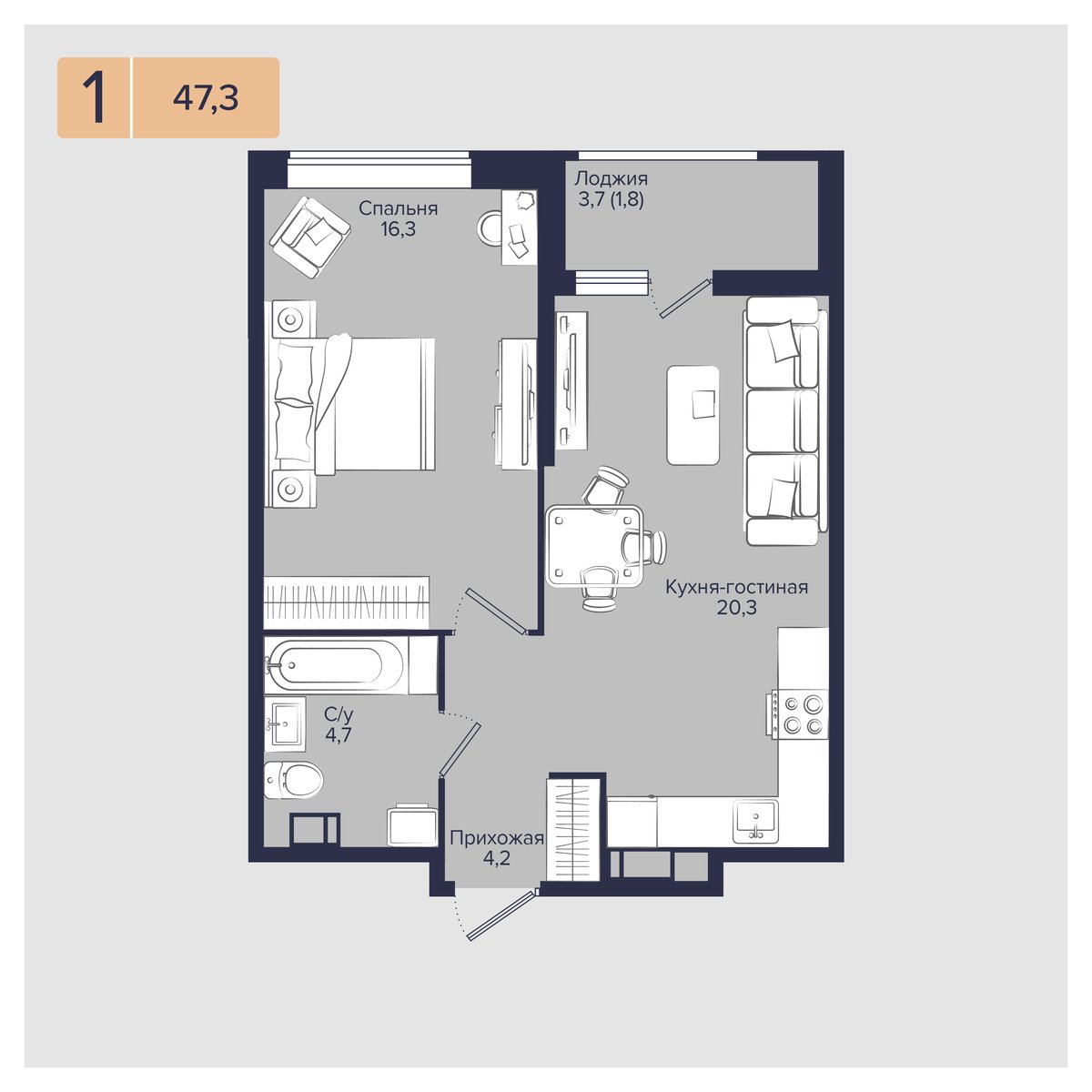 Планировка: 1-комн. квартира 47,3 м²
