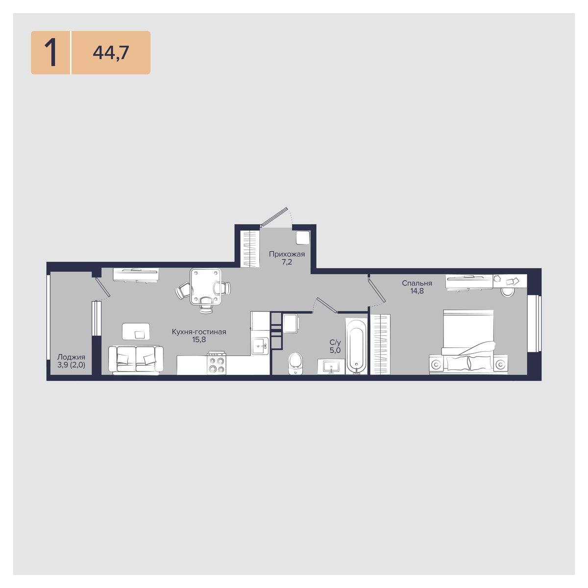 Планировка: 1-комн. квартира 44,7 м²