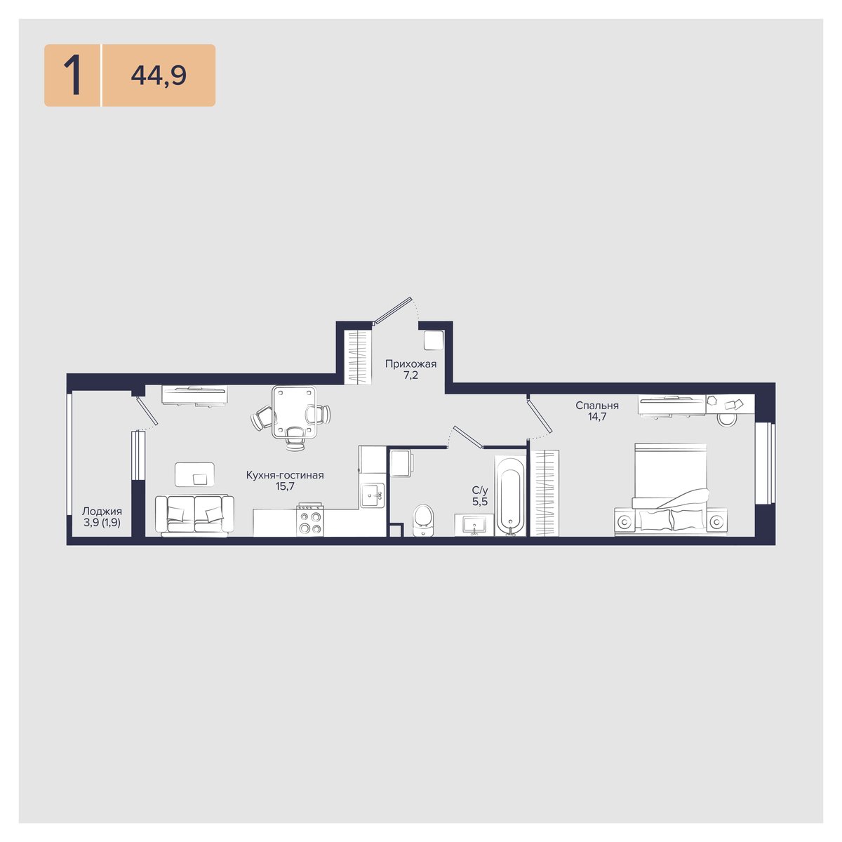 Планировка: 1-комн. квартира 44,9 м²